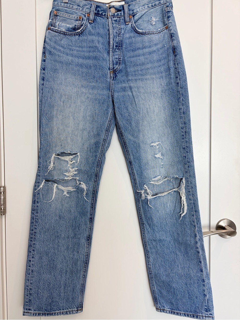 Denim Forum The Joni High Rise Loose Jeans 27 29L Distressed Button Fly